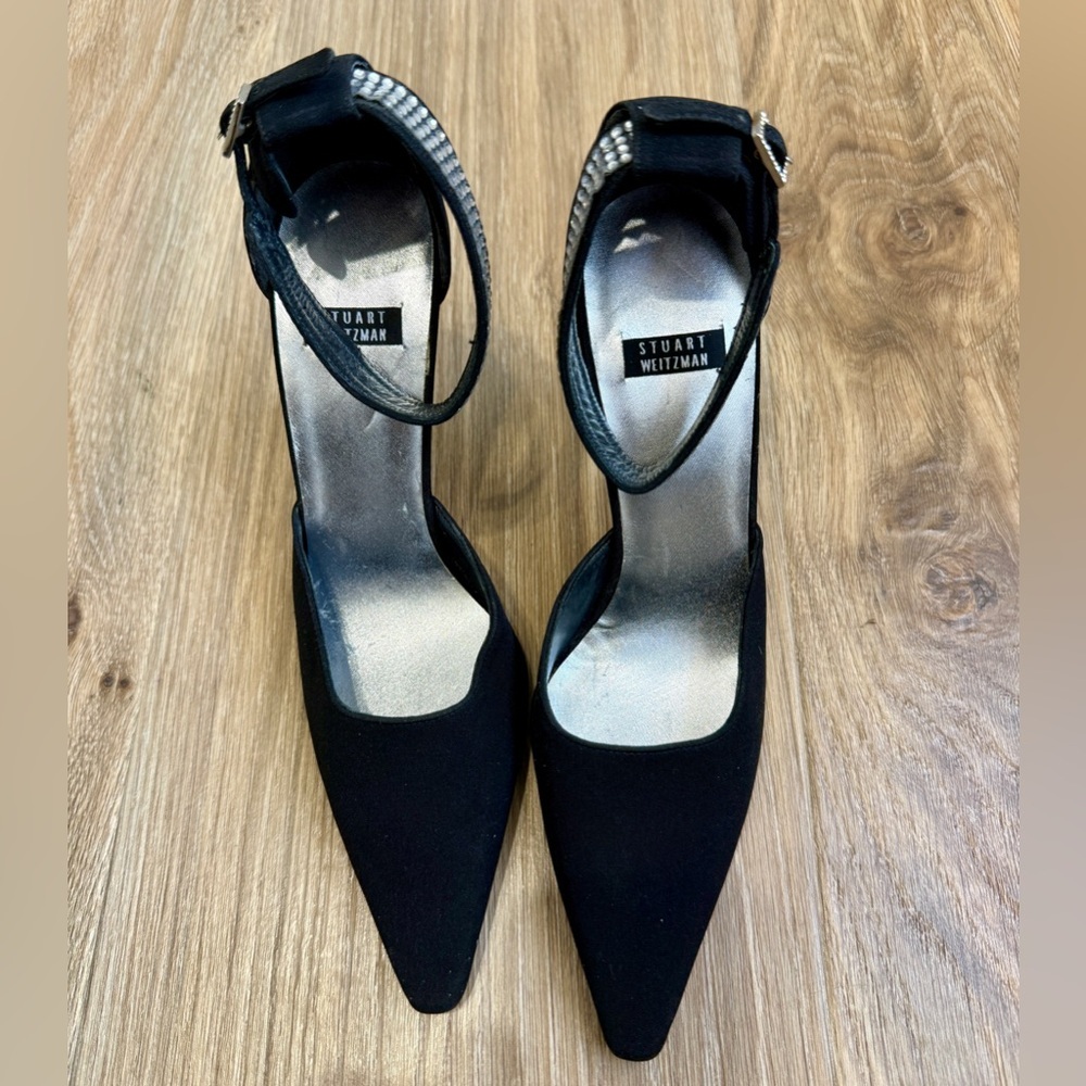 Stuart Weitzman Black Suede Rhinestone Ankle Strap Pumps Size 5.5 B